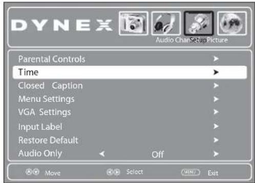 DYNEX Audio ChanSetupPicture Parental Controls Time Closed Caption Menu Settings VGA Settings Input Label Restore Default Audio Only Off Move Select MENU Exit