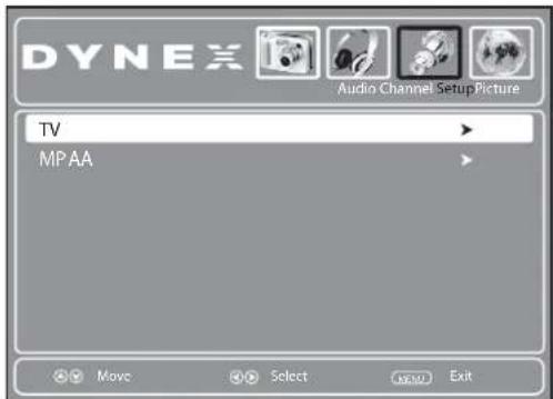 DYNEX Audio Channel Setup Picture TV MP AA Move Select END Exit
