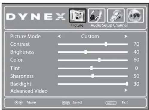 DYNEX Picture Audio Setup Channel Picture Mode Custom Contrast 70 Brightness 40 Color 60 Tint 0 Sharpness 50 Backlight 30 Advanced Video Move Select More1 Exit