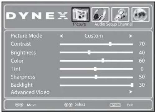 DYNEX Picture Audio Setup Channel Picture Mode Custom Contrast 70 Brightness 40 Color 60 Tint 0 Sharpness 50 Backlight 30 Advanced Video Move Select WEID Exit