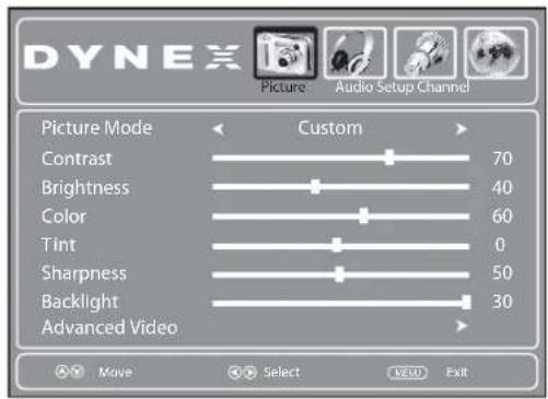 DYNEX Picture Audio Setup Channel Picture Mode Custom Contrast 70 Brightness 40 Color 60 Tint 0 Sharpness 50 Backlight 30 Advanced Video Move Select OK Exit