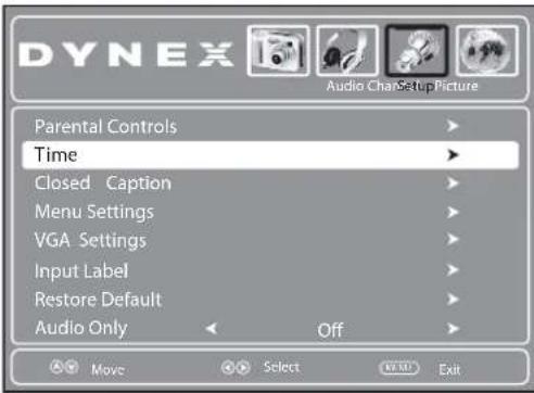 DYNEX Audio Chain Setup Picture Parental Controls Time Closed Caption Menu Settings VGA Settings Input Label Restore Default Audio Only Off Move Select Exit