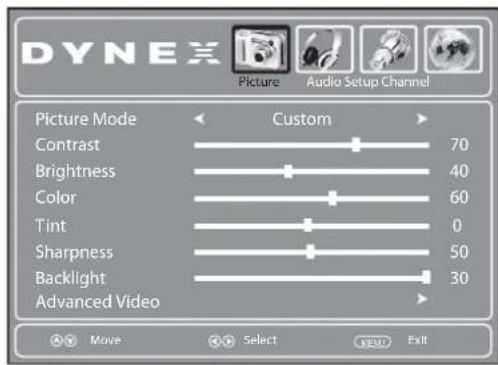 DYNEX Picture Audio Setup Channel Picture Mode Custom Contrast 70 Brightness 40 Color 60 Tint 0 Sharpness 50 Backlight 30 Advanced Video Move Select MENU Exit