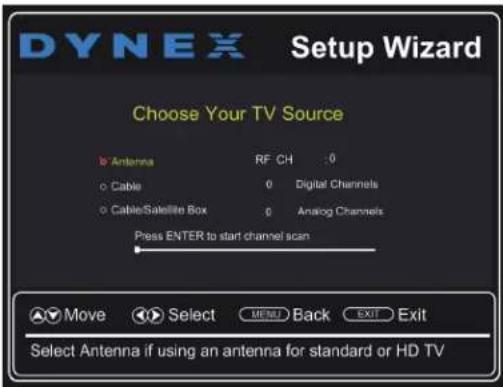 DYNEX Setup Wizard Choose Your TV Source Antenna RF CH 0 Cable 0 Digital Channels Cable/Satellite Box 0 Analog Channels Press ENTER to start channel scan Move Select MENU Back EXIT Exit Select Antenna if using an antenna for standard or HD TV