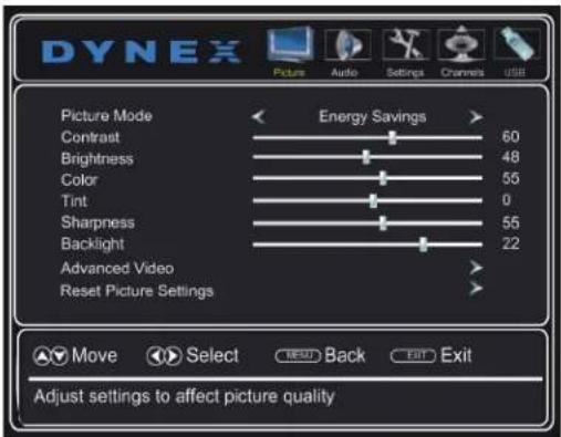 DYNEX Picture Mode Energy Savings Contrast 60 Brightness 48 Color 55 Tint 0 Sharpness 55 Backlight 22 Advanced Video > Reset Picture Settings Move Select BACK Exit Adjust settings to affect picture quality