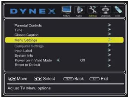 DYNEX Picture Audio Settings Channels USB Parental Controls Time Closed Caption Menu Settings Computer Settings Input Label System Info Power on in Vivid Mode Off Reset to Default Move Select Back Exit Adjust TV Menu options