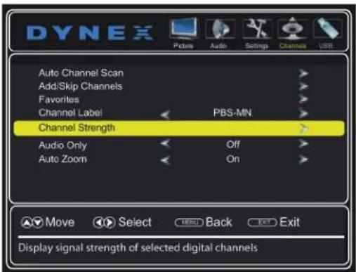 DYNEX Auto Channel Scan Add/Skip Channels Favorites Channel Label PBS-MN Channel Strength Audio Only Off Auto Zoom On Move Select Back Exit Display signal strength of selected digital channels