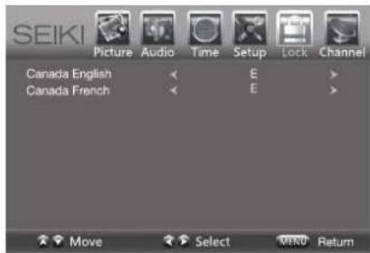 SEIKI Picture Audio Time Setup Lock Channel Canada English < E > Canada French < E >