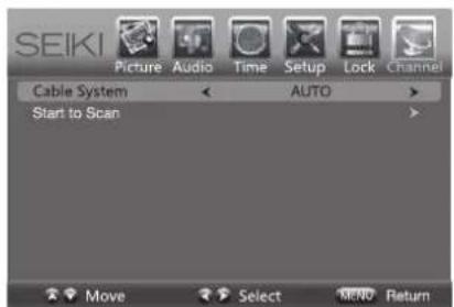 SEIKI Picture Audio Time Setup Lock Channel Cable System AUTO Start to Scan Move Select MEND Return