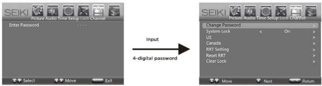 SEIKI Picture Audio Time Setup Lock Channel Enter Password Select Move MENU Exit Input 4-digital password SEIKI Picture Audio Time Setup Lock Channel Change Password System Lock On US Canada RRT Setting Reset RRT Clear Lock Move Next MENU Return