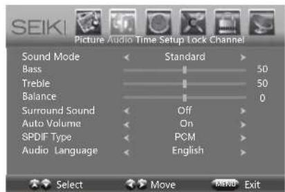 SEIKI Picture Audio Time Setup Lock Channel Sound Mode Standard Bass 50 Treble 50 Balance 0 Surround Sound Off Auto Volume On SPDIF Type PCM Audio Language English Select Move MENU Exit
