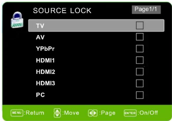 SOURCE LOCK TV AV YPbPr HDMI1 HDMI2 HDMI3 PC Page1/1 MENU:Return :Move :Page ENTER:On/Off