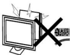 Diagram showing a computer monitor with a crossed-out X symbol and a warning sign with Chinese characters.