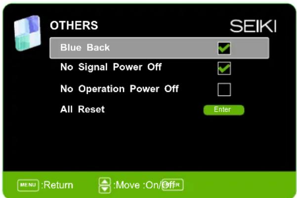OTHERS Blue Back No Signal Power Off No Operation Power Off All Reset SEIKI Enter MENU :Return :Move :On/OffR