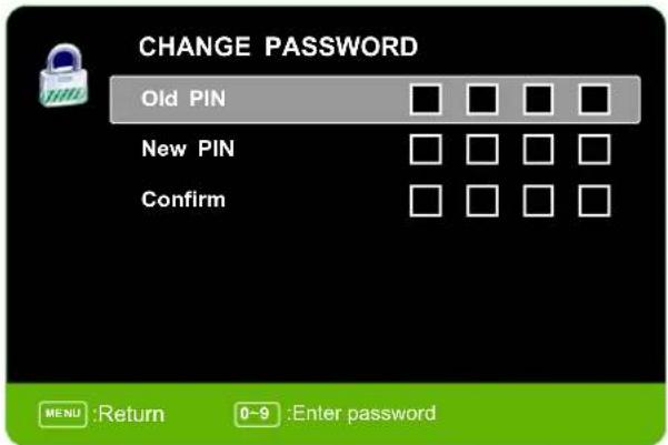 CHANGE PASSWORD Old PIN New PIN Confirm MENU :Return 0-9 :Enter password