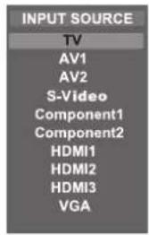 INPUT SOURCE TV AV1 AV2 S-Video Component1 Component2 HDMI1 HDMI2 HDMI3 VGA