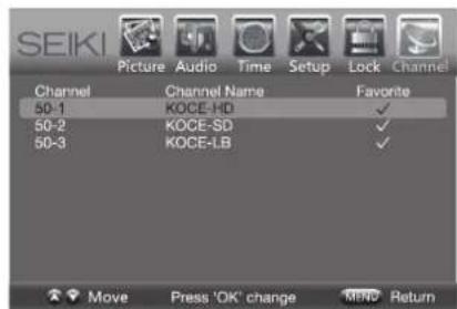 SEIKI Picture Audio Time Setup Lock Channel Channel Channel Name Favorite 50-1 KOCE-HD ✓ 50-2 KOCE-SD ✓ 50-3 KOCE-LB ✓ Move Press 'OK' change MEND Return