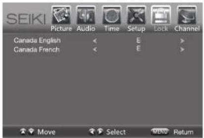 SEIKI Picture Audio Time Setup Lock Channel Canada English < Canada French < E E Move Select MENU Return