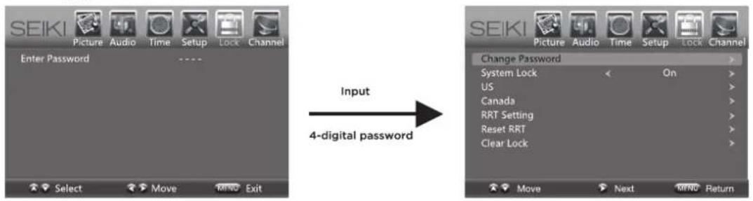 SEIKI Picture Audio Time Setup Lock Channel Enter Password Select Move MIND Exit Input 4-digital password SEIKI Picture Audio Time Setup Lock Channel Change Password System Lock On US Canada RRT Setting Reset RRT Clear Lock Move Next MIND Return