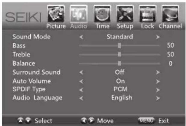 SEIKI Picture Audio Time Setup Lock Channel Sound Mode < Standard > Bass 50 Treble 50 Balance 0 Surround Sound Off > Auto Volume On > SPDIF Type PCM > Audio Language English > Select Move MENU Exit