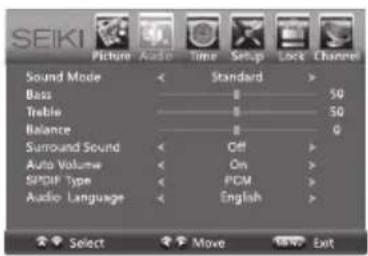 SEIKI Picture Audio Time Setup Lock Channel Sound Mode < Standard > Bass 5G Treble 5G Balance 0 Surround Sound < Off > Auto Volume < On > SPDIP Type < PCM > Audio Language < English > Select Move Exit