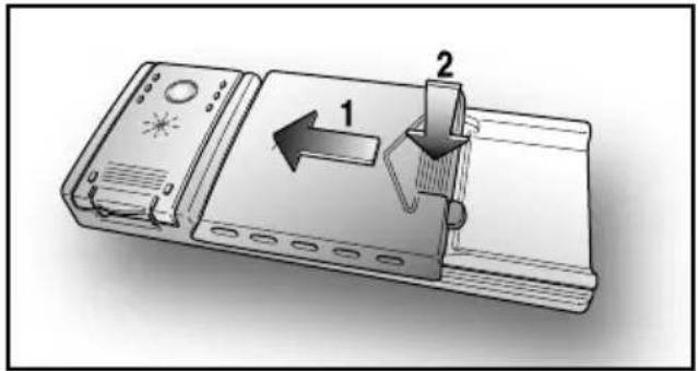 Diagram of a device with labeled components and directional arrows, showing a component with parts numbered 1 and 2.