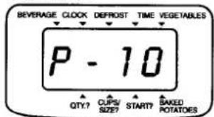 BEVERAGE CLOCK DEFROST TIME VEGETABLES P - 10 QTY? CUPS/ START? BAKED POTATOES