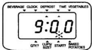 BEVERAGE CLOCK DEFROST TIME VEGETABLES 9:0.0 QTY? CUPS/ SIZE? START? BANED POTATOES
