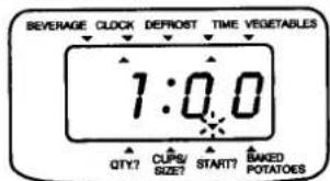 BEVERAGE CLOCK DEFROST TIME VEGETABLES 1:00 QTY? CUPS/ SIZE? START? BAKED POTATOES