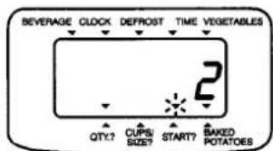 BEVERAGE CLOCK DEFROST TIME VEGETABLES QTY? CUPS/START? BAKED POTATOES