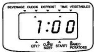 BEVERAGE CLOCK DEFROST TIME VEGETABLES 1:00 QTY? CUPS/ SIZE? START? BANED POTATOES