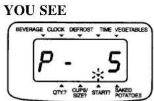 YOU SEE BEVERAGE CLOCK DEFROST TIME VEGETABLES P - 5 QTY? CUPS/ SIZE? START? BAKED POTATOES
