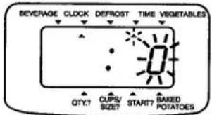 BEVERAGE CLOCK DEFROST TIME VEGETABLES QTY:7 CUPS/ START? BAKED POTATOES
