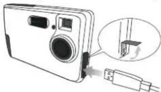 Diagram of a digital camera with an attached USB cable, showing no text or symbols