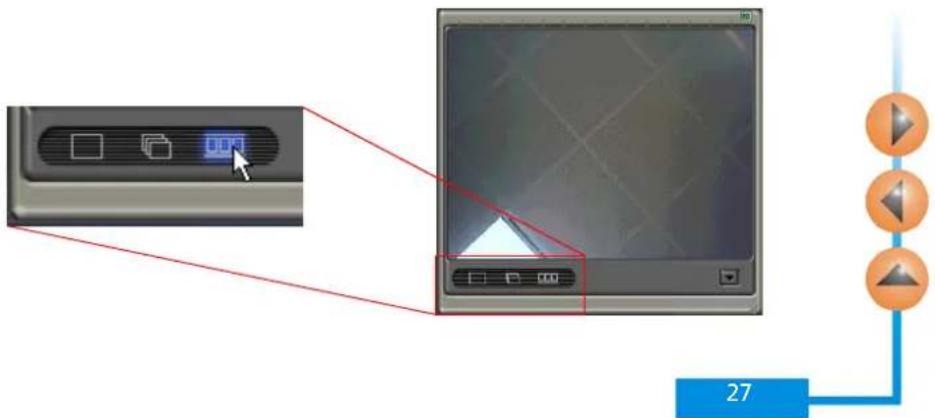 Diagram showing a device interface with a cursor clicking a button labeled '000', connected to a blue control panel and three play buttons, with a numbered label '27' on the right.