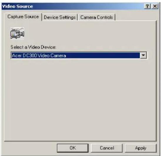 Video Source Capture Source Device Settings Camera Controls Select a Video Device: Acer DC300 Video Camera OK Cancel Apply
