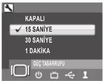 KAPALI ✓ 15 SANİYE 30 SANİYE 1 DAKİKA GÜÇ TASARRUFU