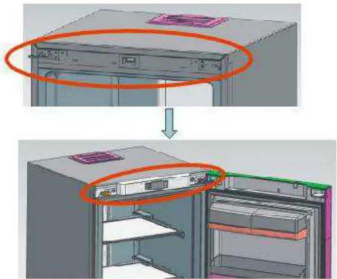 Diagram showing server rack installation with highlighted components and a close-up view of the internal rack.