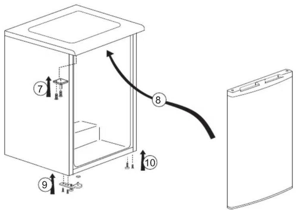 Diagram of a refrigerator interior with numbered components and directional arrows indicating movement or assembly.