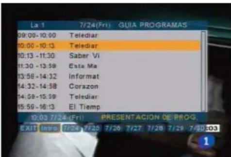 La 1 7/24(Fri) GUIA PROGRAMAS 09:00-10:00 Telediar 10:00 - 10:13 Telediar 10:13 - 11:30 Saber Vi 11:30 - 13:58 Esta Ma 13:56 - 14:32 Informat 14:32 - 14:58 Corazon 14:58 - 15:58 Telediar 15:58 - 16:13 El Tiemp 10:03 7/24 (Fri) PRESENTACION DE PROG. EXIT Intro 7/24 7/25 7/26 7/27 7/28 7/29 7/30 03 1