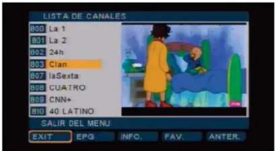 LISTA DE CANALES 800 La 1 801 La 2 802 24h 803 Clan 807 laSexta 808 CUATRO 809 CNN+ 810 40 LATINO SALIR DEL MENU EXIT EPG INFO. FAV. ANTER.