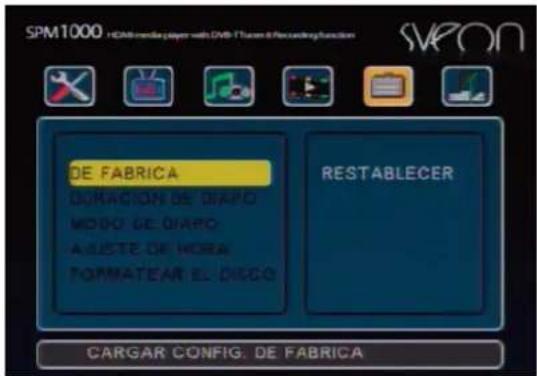 SPM1000 - HDMI-media player with DVD-TPuran & Flexcarding function DE FABRICA DUMACION DE DIAPOL MODE: DE DIAPOL ASUSTE DE HORA FORMATEAR EL DISCO RESTABLECER CARGAR CONFIG. DE FABRICA