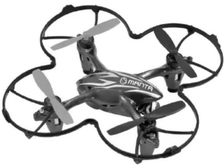 Black-and-white photo of a MANTA drone with four propellers and a circular frame (no text or symbols visible)