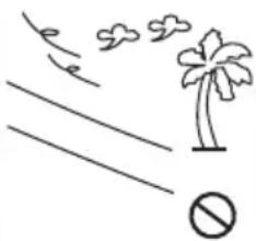 Simple line drawing of a palm tree, clouds, and a prohibition sign (no text or symbols)
