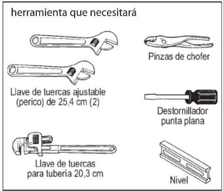 herramienta que necesitará Pinzas de chofer Llave de tuercas ajustable (perico) de 25,4 cm (2) Destornillador punta plana Llave de tuercas para tubería 20,3 cm Nivel