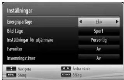 Installningar Energisparläge Eko Bild Läge Sport Installningar för utjämnare Personlig Favoriter Av Insomningstimer Av Navigera Andra värde MENI Stäng STÄNG Stäng