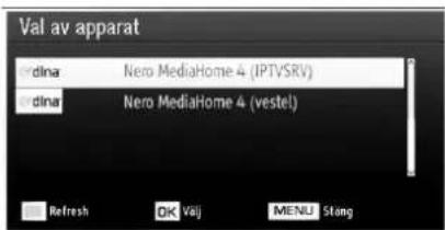 Val av apparat dina Nero MediaHome 4 (IPTVSRV) dina Nero MediaHome 4 (vestel) Refresh OK Valj MENU Sting