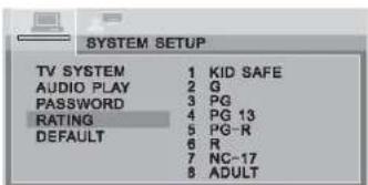 SYSTEM SETUP TV SYSTEM 1 KID SAFE AUDIO PLAY 2 G PASSWORD 3 PG RATING 4 PG 13 DEFAULT 5 PG-R 6 R 7 NC-17 8 ADULT