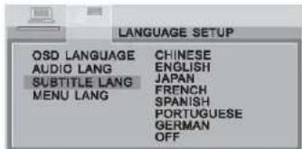 LANGUAGE SETUP OSD LANGUAGE CHIENESE AUDIO LANG ENGLISH SUBTITLE LANG JAPAN MENU LANG FRENCH SPANISH PORTUGUESE GERMAN OFF