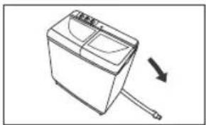 Line drawing of a microwave oven with a pencil inserted, showing a downward arrow indicating motion (no text or symbols)